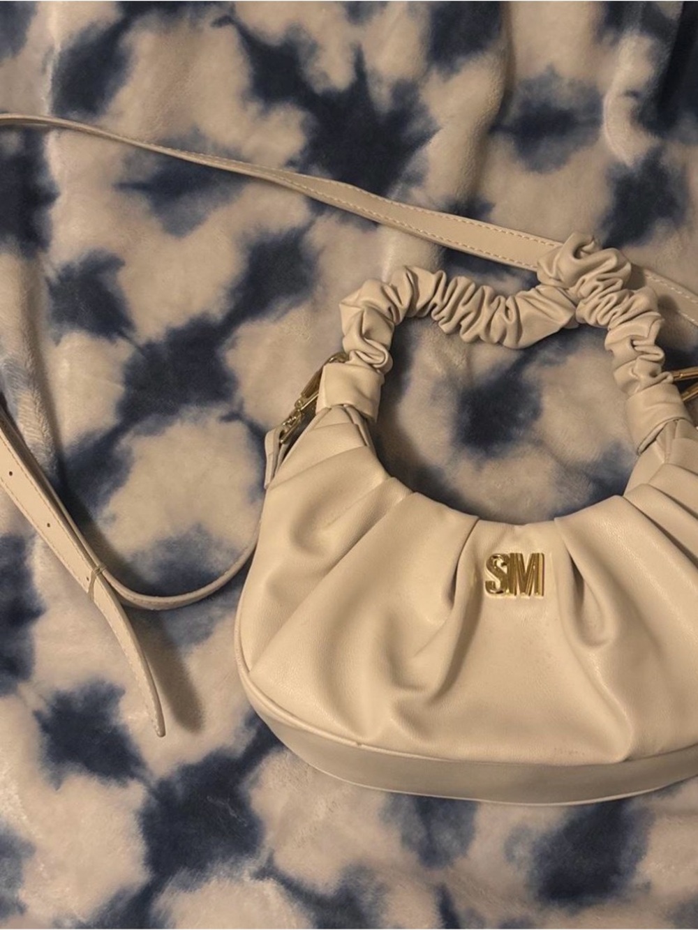 Mi Off-White Ruched Handle Shoulder Bag with Gold Logo